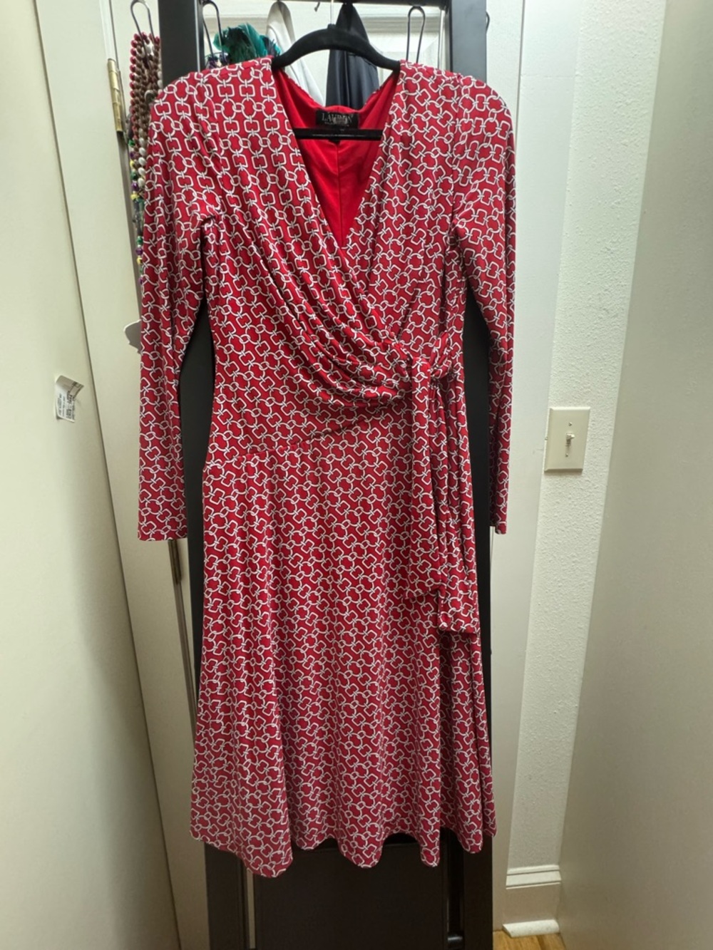 Ralph Lauren Red & White Printed Long-Sleeve Wrap Dress